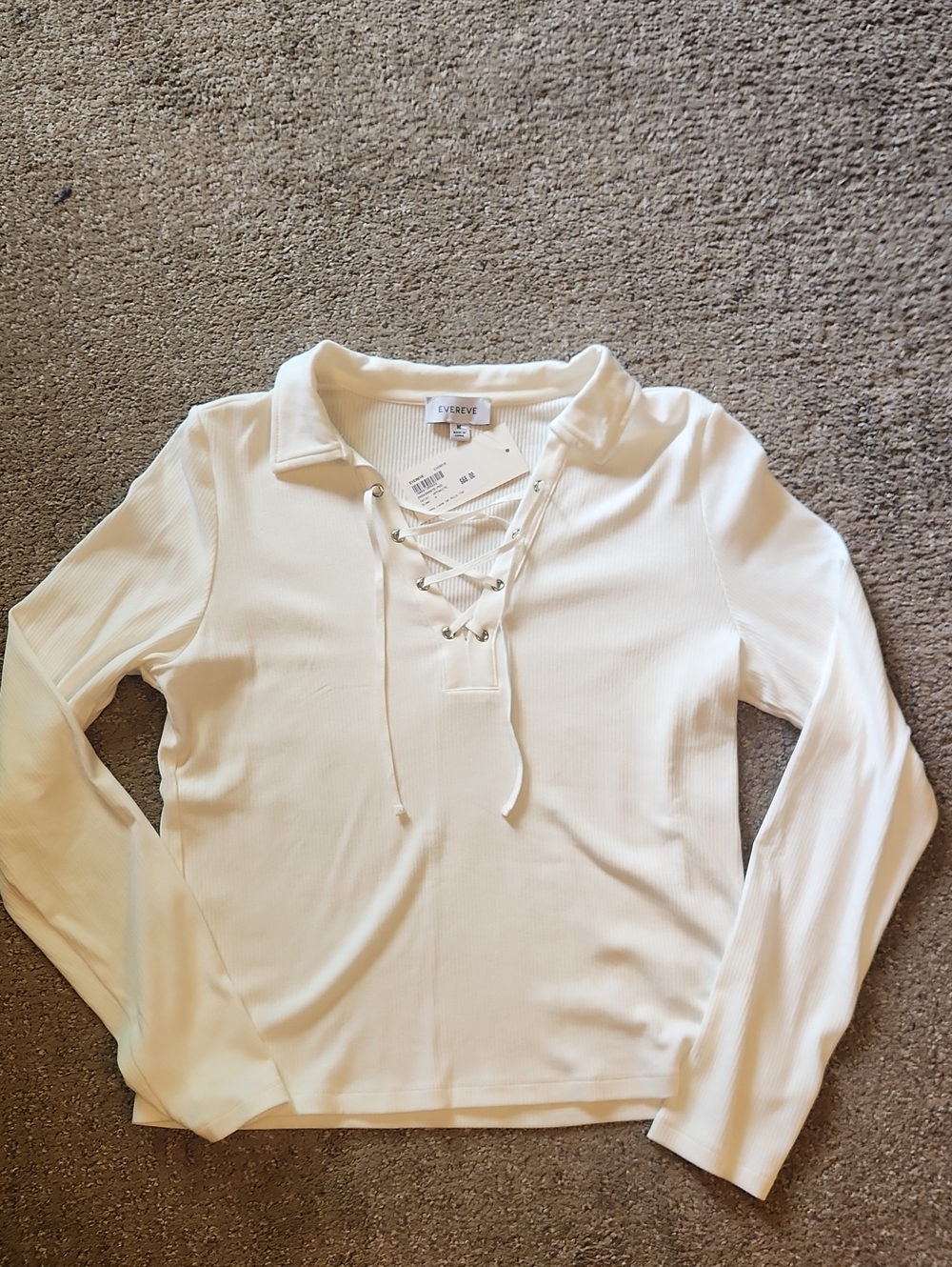 Evereve Cream Ribbed Lace-Up Collared Long Sleeve Top